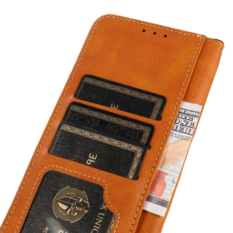 KHAZNEH For Xiaomi Redmi Note 15 Pro 4G (Global) Wallet Case Gold Magnetic Clasp Cowhide Texture Leather Flip Stand Phone Cover - Brown