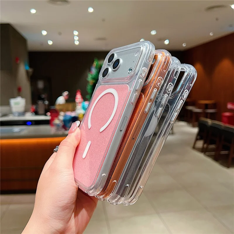 For iPhone 17 Pro Max Case Compatible with MagSafe Clear Glitter Shockproof TPU Acrylic Phone Cover - Pink