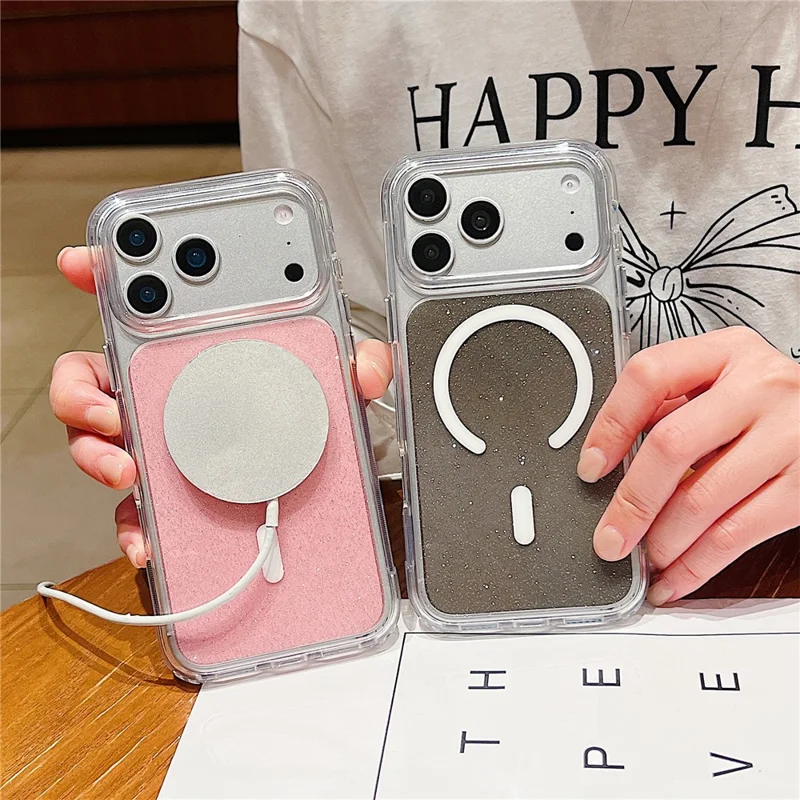 Coque pour iPhone 17 Pro compatible MagSafe, coque transparente avec paillettes, antichoc, en TPU et acrylique - Rose