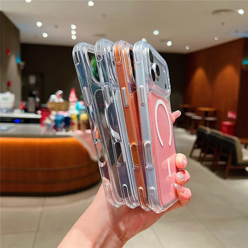 Coque pour iPhone 17 Pro compatible MagSafe, coque transparente avec paillettes, antichoc, en TPU et acrylique - Rose