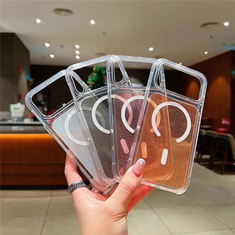 Coque pour iPhone 17 Pro compatible MagSafe, coque transparente avec paillettes, antichoc, en TPU et acrylique - Rose