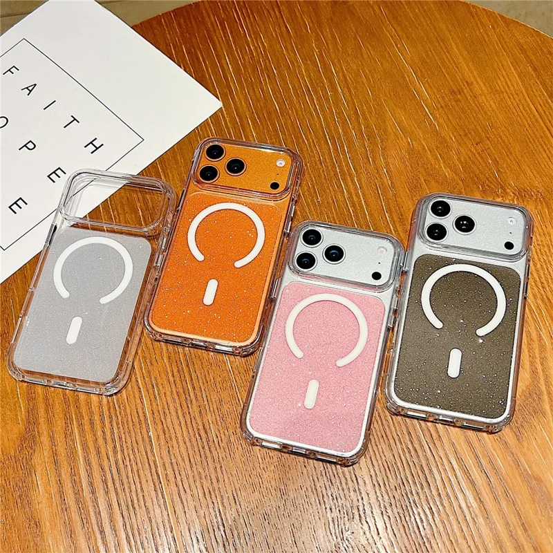 Coque pour iPhone 17 Pro compatible MagSafe, coque transparente avec paillettes, antichoc, en TPU et acrylique - Rose