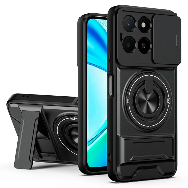 Magnetic Case For Honor X6c 4G  /  X5b  /  X5b Plus Ring Holder Foldable Kickstand TPU PC Phone Cover with Camera Lens Slider - Black