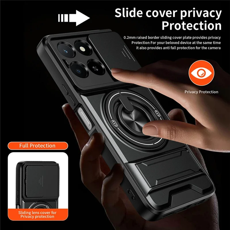 Magnetic Case For Honor X6c 4G  /  X5b  /  X5b Plus Ring Holder Foldable Kickstand TPU PC Phone Cover with Camera Lens Slider - Black