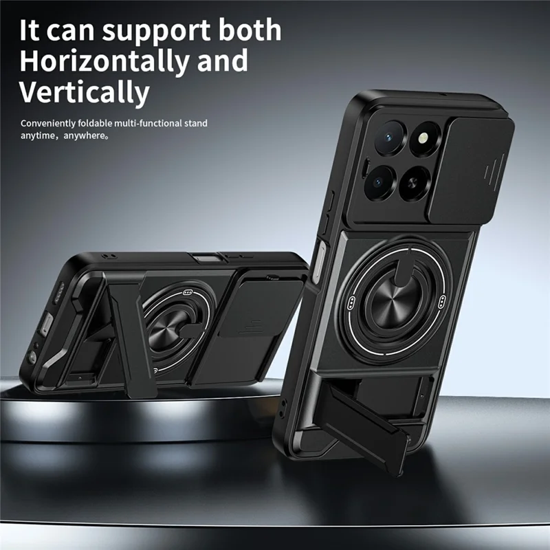 Magnetic Case For Honor X6c 4G  /  X5b  /  X5b Plus Ring Holder Foldable Kickstand TPU PC Phone Cover with Camera Lens Slider - Black