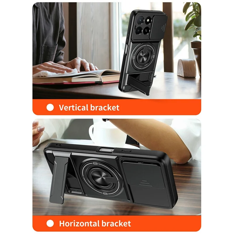 Magnetic Case For Honor X6c 4G  /  X5b  /  X5b Plus Ring Holder Foldable Kickstand TPU PC Phone Cover with Camera Lens Slider - Black