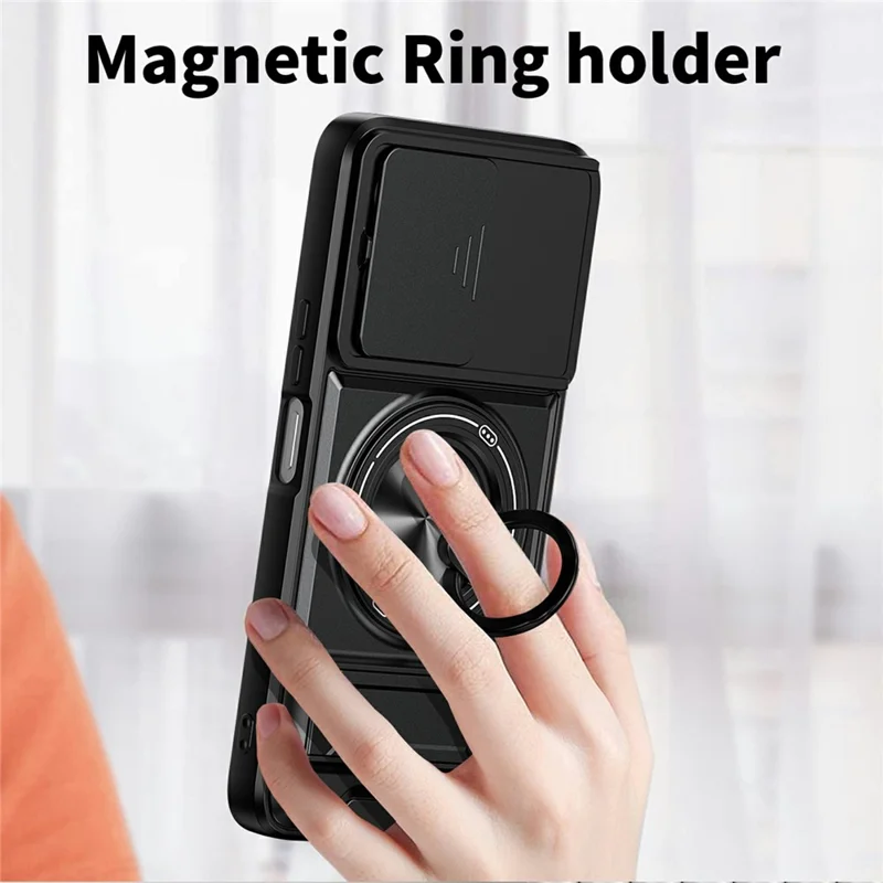 Magnetic Case For Honor X6c 4G  /  X5b  /  X5b Plus Ring Holder Foldable Kickstand TPU PC Phone Cover with Camera Lens Slider - Black