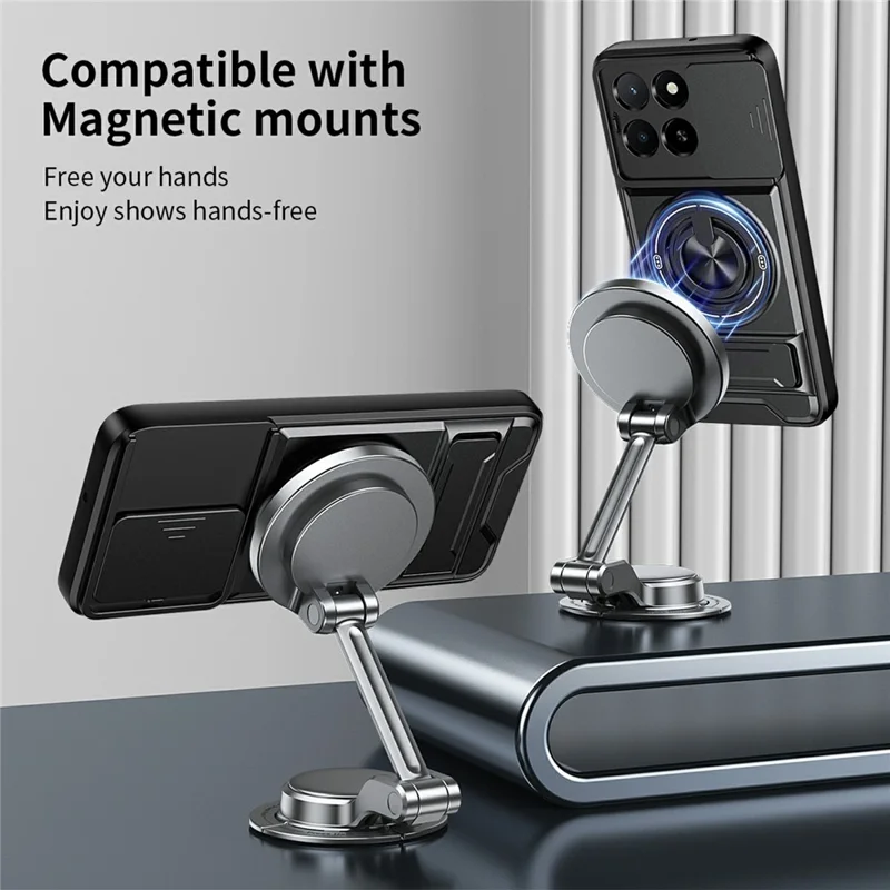 Magnetic Case For Honor X6c 4G  /  X5b  /  X5b Plus Ring Holder Foldable Kickstand TPU PC Phone Cover with Camera Lens Slider - Black