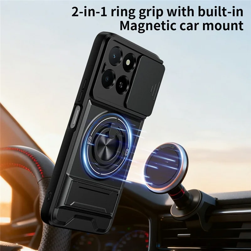 Magnetic Case For Honor X6c 4G  /  X5b  /  X5b Plus Ring Holder Foldable Kickstand TPU PC Phone Cover with Camera Lens Slider - Black