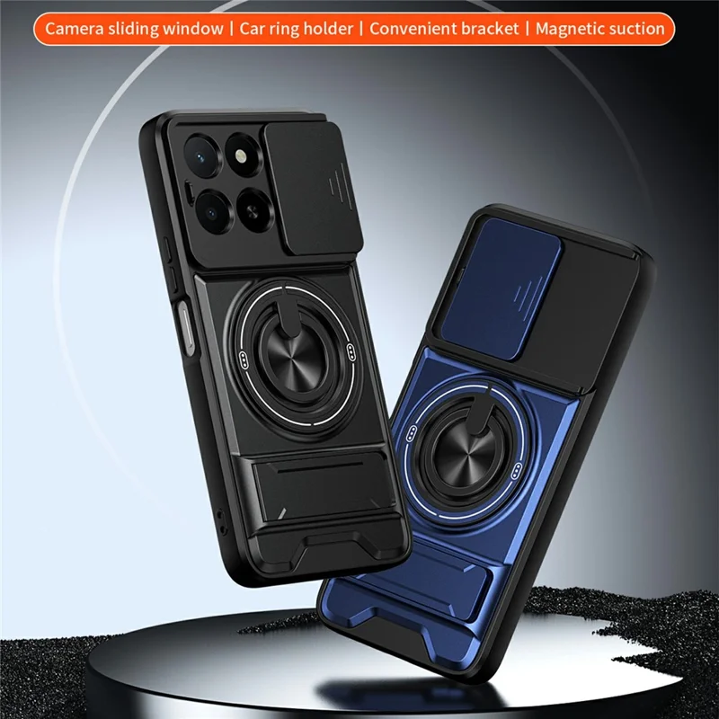 Magnetic Case For Honor X6c 4G  /  X5b  /  X5b Plus Ring Holder Foldable Kickstand TPU PC Phone Cover with Camera Lens Slider - Black
