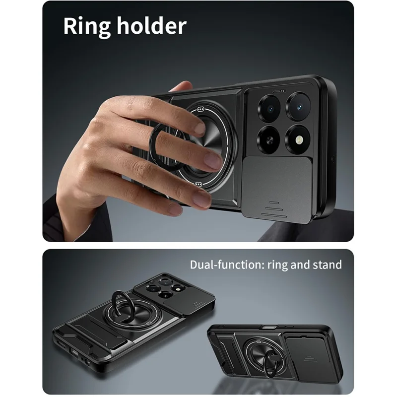 Magnetic Case For Honor X6c 4G  /  X5b  /  X5b Plus Ring Holder Foldable Kickstand TPU PC Phone Cover with Camera Lens Slider - Black