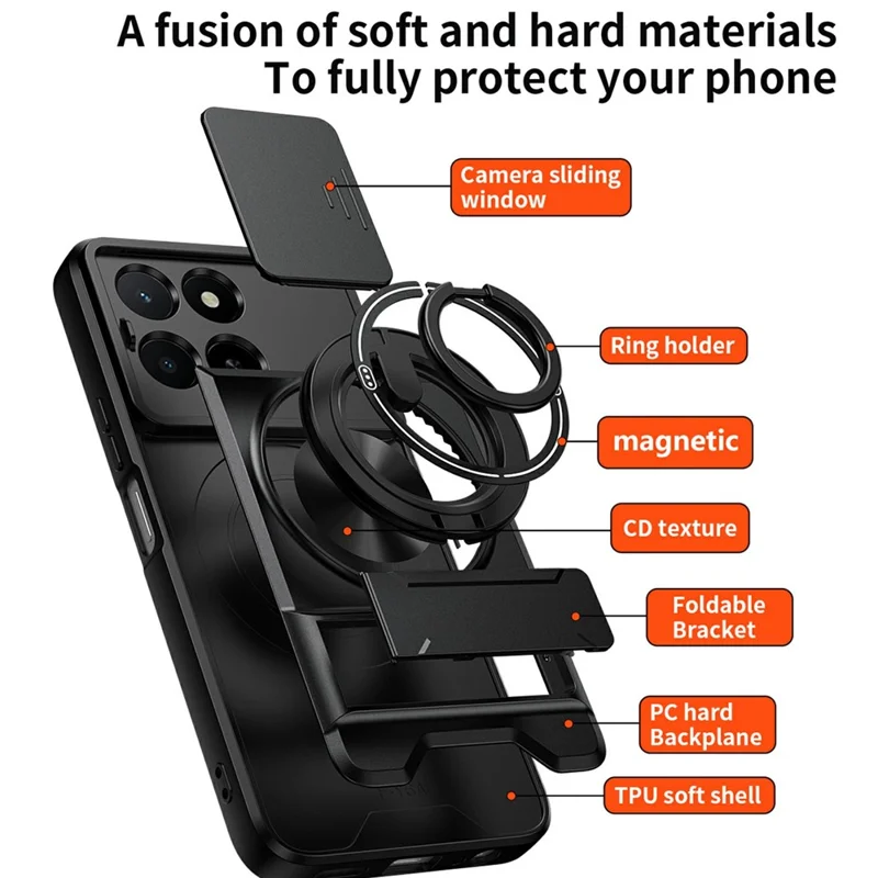 Magnetic Case For Honor X6c 4G  /  X5b  /  X5b Plus Ring Holder Foldable Kickstand TPU PC Phone Cover with Camera Lens Slider - Black