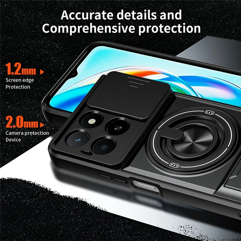 Magnetic Case For Honor X6c 4G  /  X5b  /  X5b Plus Ring Holder Foldable Kickstand TPU PC Phone Cover with Camera Lens Slider - Black