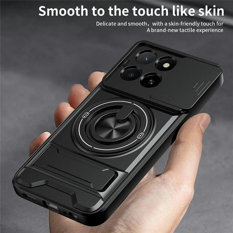 Magnetic Case For Honor X6c 4G  /  X5b  /  X5b Plus Ring Holder Foldable Kickstand TPU PC Phone Cover with Camera Lens Slider - Black