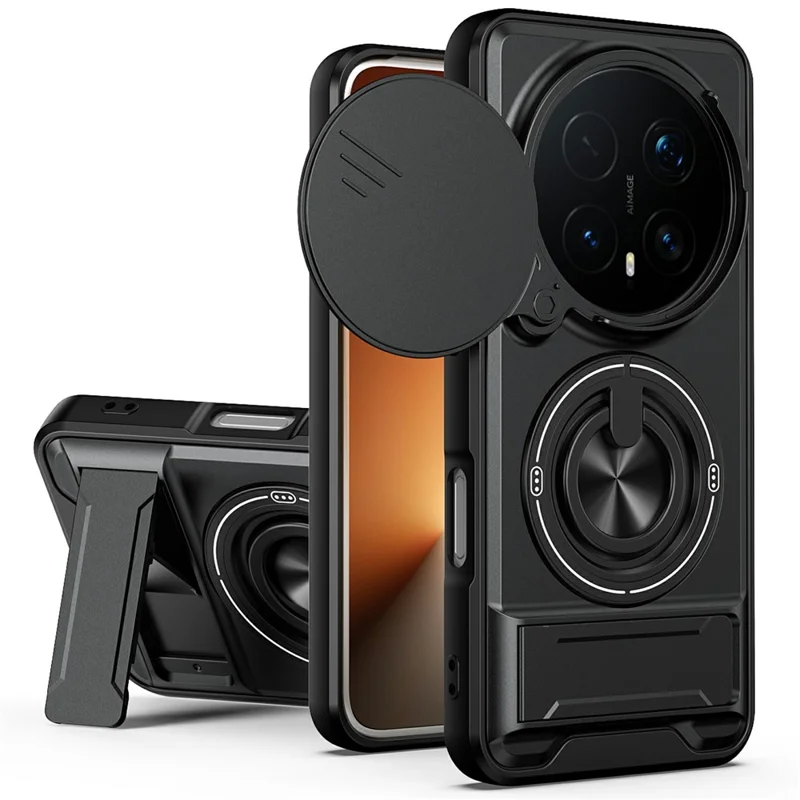 For Honor Magic8 Pro 5G Magnetic Case Ring Holder Foldable Kickstand TPU PC Phone Cover with Camera Lens Slider - Black