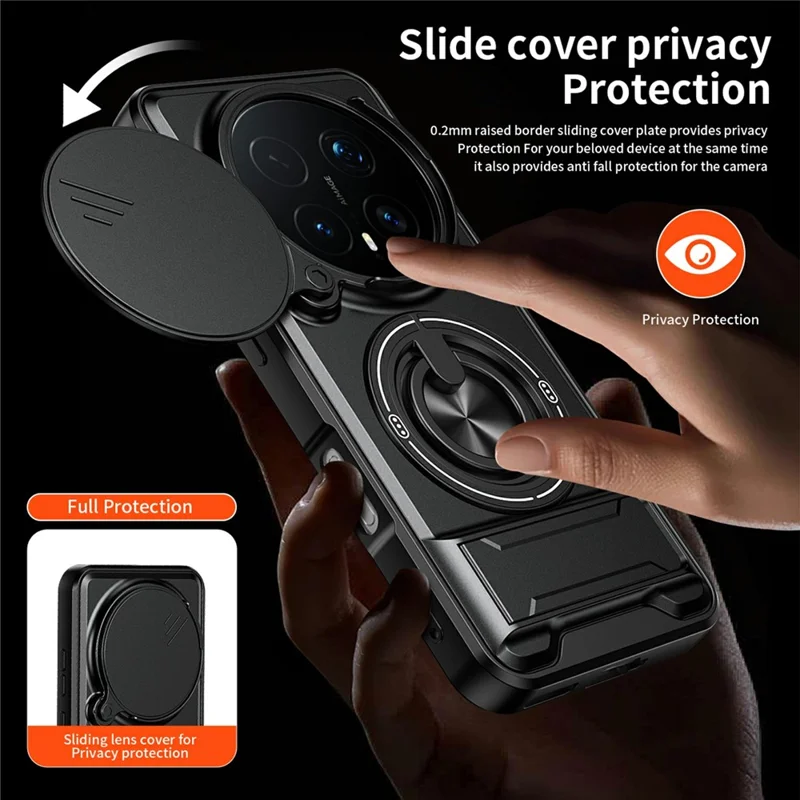For Honor Magic8 Pro 5G Magnetic Case Ring Holder Foldable Kickstand TPU PC Phone Cover with Camera Lens Slider - Black