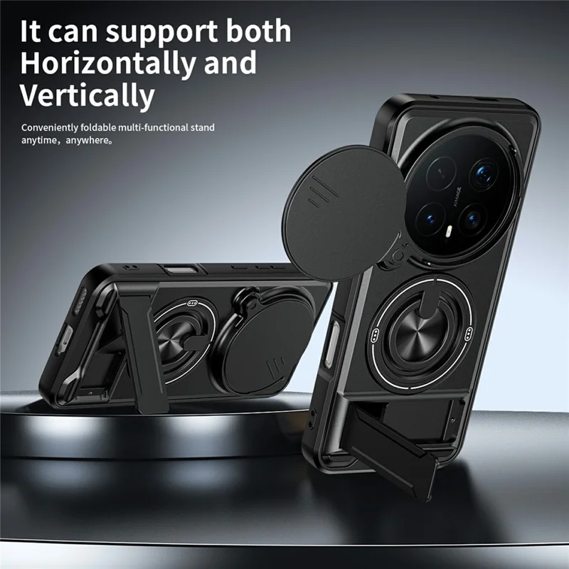For Honor Magic8 Pro 5G Magnetic Case Ring Holder Foldable Kickstand TPU PC Phone Cover with Camera Lens Slider - Black