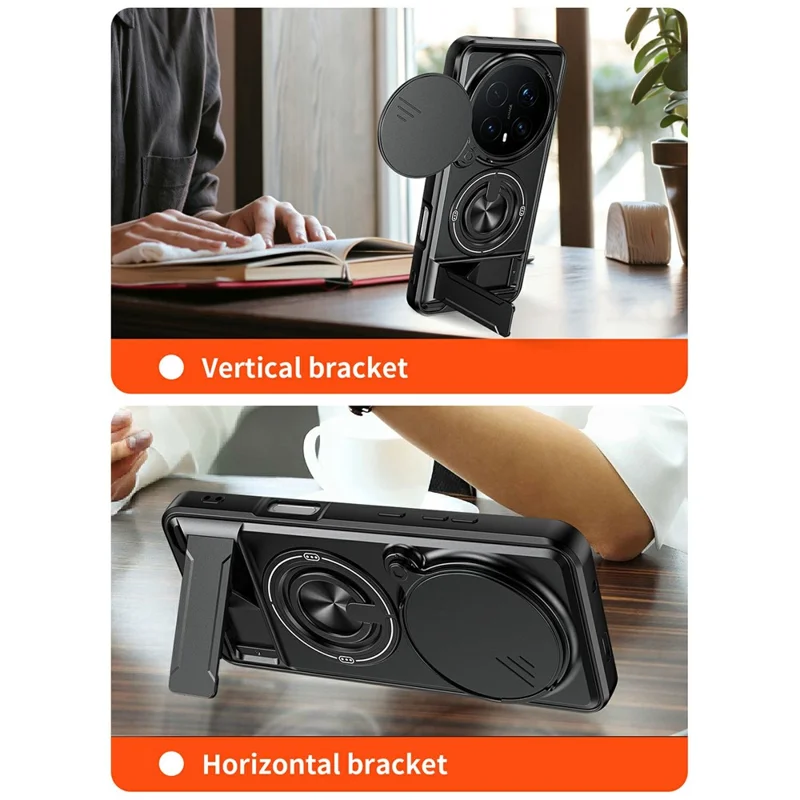 For Honor Magic8 Pro 5G Magnetic Case Ring Holder Foldable Kickstand TPU PC Phone Cover with Camera Lens Slider - Black