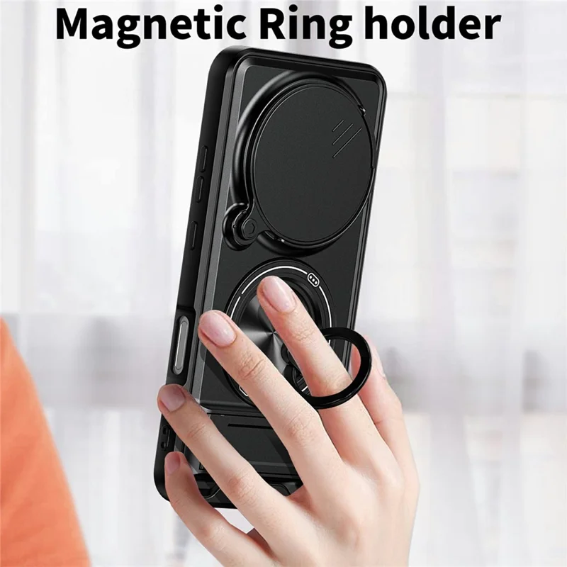 For Honor Magic8 Pro 5G Magnetic Case Ring Holder Foldable Kickstand TPU PC Phone Cover with Camera Lens Slider - Black