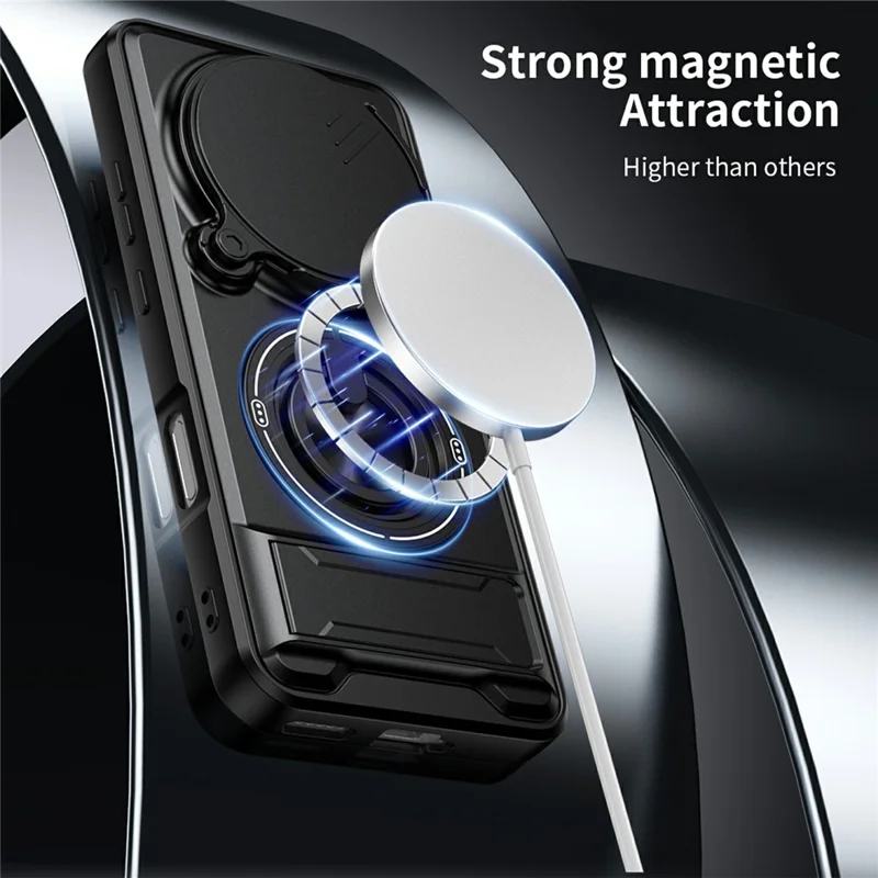 For Honor Magic8 Pro 5G Magnetic Case Ring Holder Foldable Kickstand TPU PC Phone Cover with Camera Lens Slider - Black