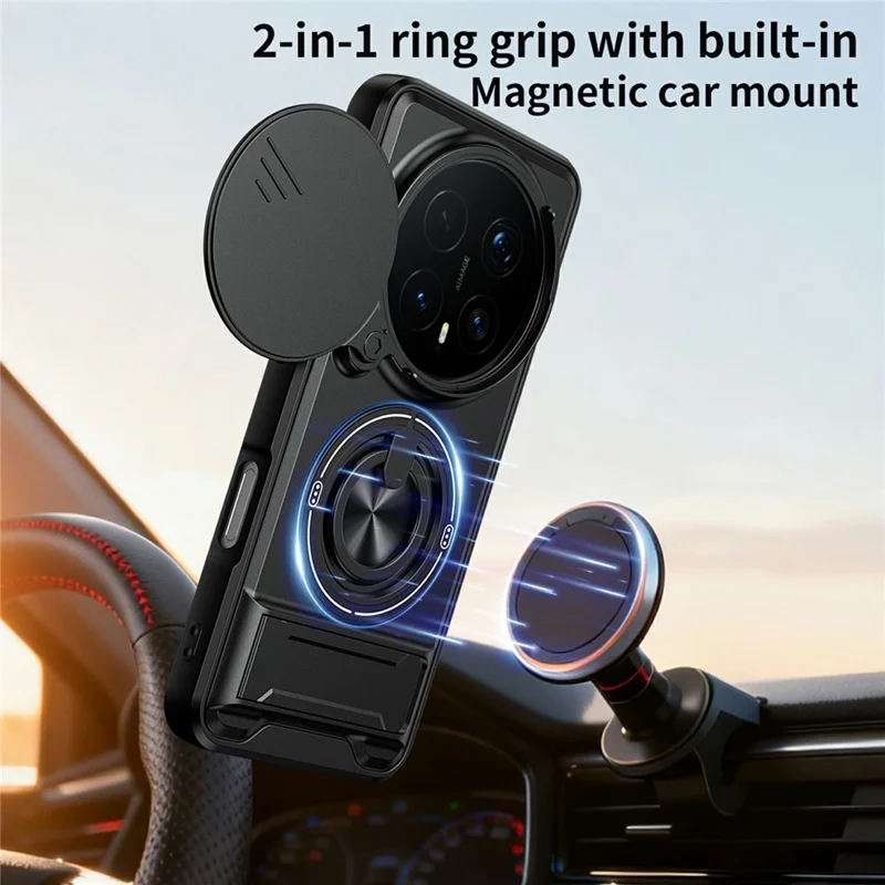 For Honor Magic8 Pro 5G Magnetic Case Ring Holder Foldable Kickstand TPU PC Phone Cover with Camera Lens Slider - Black