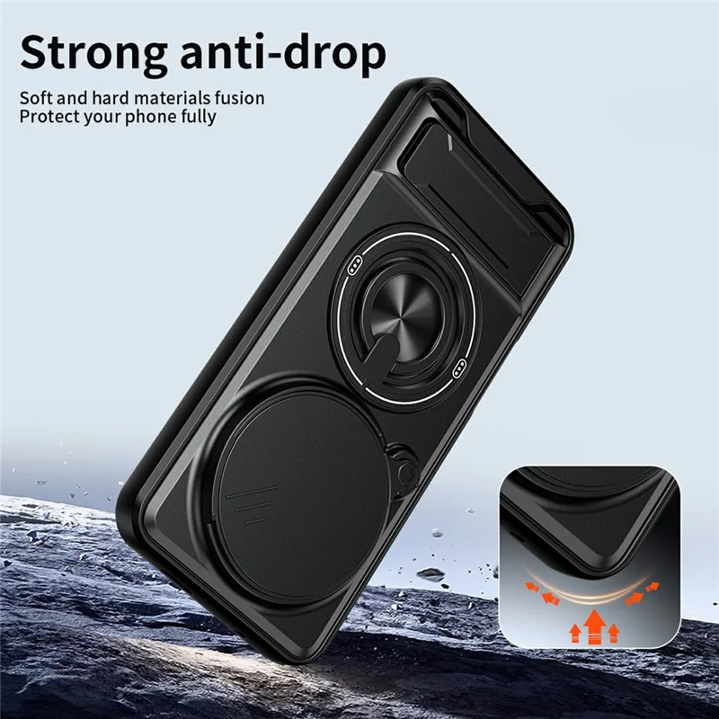 For Honor Magic8 Pro 5G Magnetic Case Ring Holder Foldable Kickstand TPU PC Phone Cover with Camera Lens Slider - Black