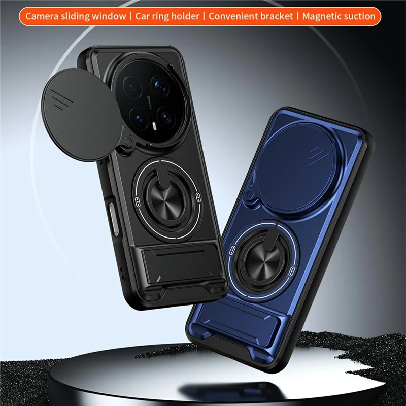 For Honor Magic8 Pro 5G Magnetic Case Ring Holder Foldable Kickstand TPU PC Phone Cover with Camera Lens Slider - Black