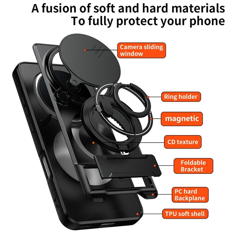 For Honor Magic8 Pro 5G Magnetic Case Ring Holder Foldable Kickstand TPU PC Phone Cover with Camera Lens Slider - Black