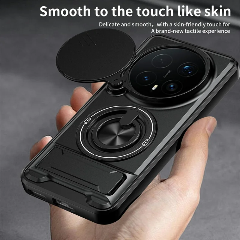 For Honor Magic8 Pro 5G Magnetic Case Ring Holder Foldable Kickstand TPU PC Phone Cover with Camera Lens Slider - Black