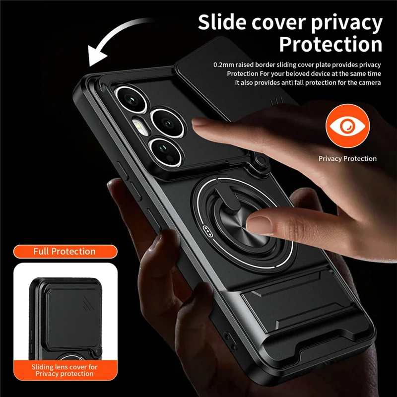 For Honor 400 Pro 5G (Global) Magnetic Case Ring Holder Foldable Kickstand TPU PC Phone Cover with Camera Lens Slider - Black