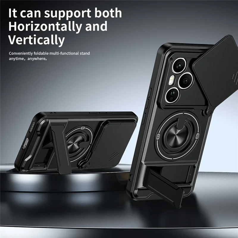 For Honor 400 Pro 5G (Global) Magnetic Case Ring Holder Foldable Kickstand TPU PC Phone Cover with Camera Lens Slider - Black