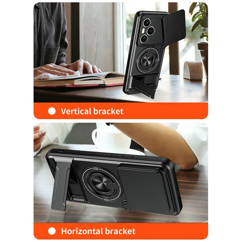 For Honor 400 Pro 5G (Global) Magnetic Case Ring Holder Foldable Kickstand TPU PC Phone Cover with Camera Lens Slider - Black