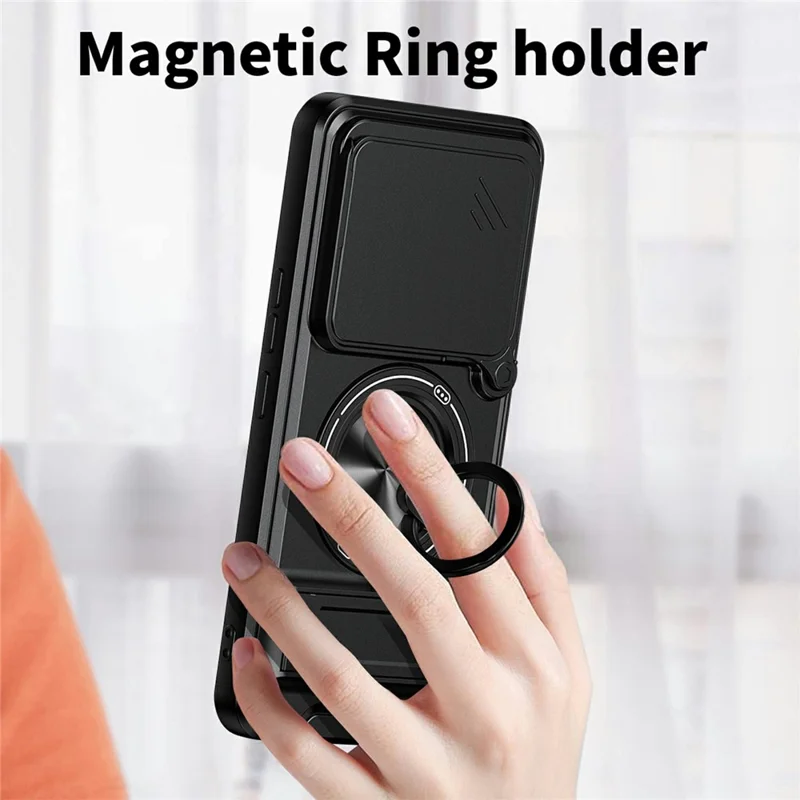 For Honor 400 Pro 5G (Global) Magnetic Case Ring Holder Foldable Kickstand TPU PC Phone Cover with Camera Lens Slider - Black