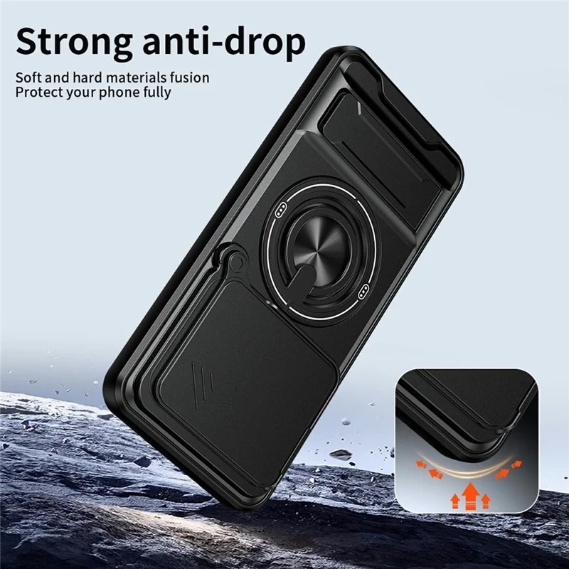For Honor 400 Pro 5G (Global) Magnetic Case Ring Holder Foldable Kickstand TPU PC Phone Cover with Camera Lens Slider - Black