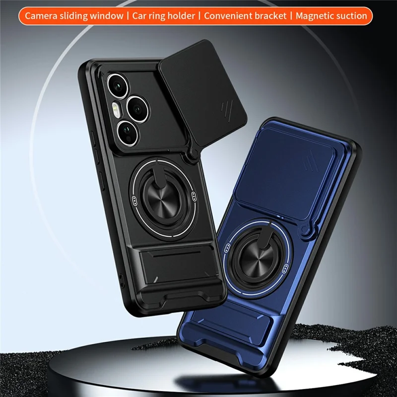 For Honor 400 Pro 5G (Global) Magnetic Case Ring Holder Foldable Kickstand TPU PC Phone Cover with Camera Lens Slider - Black