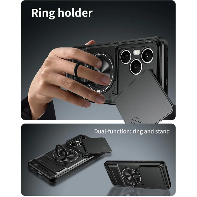 For Honor 400 Pro 5G (Global) Magnetic Case Ring Holder Foldable Kickstand TPU PC Phone Cover with Camera Lens Slider - Black