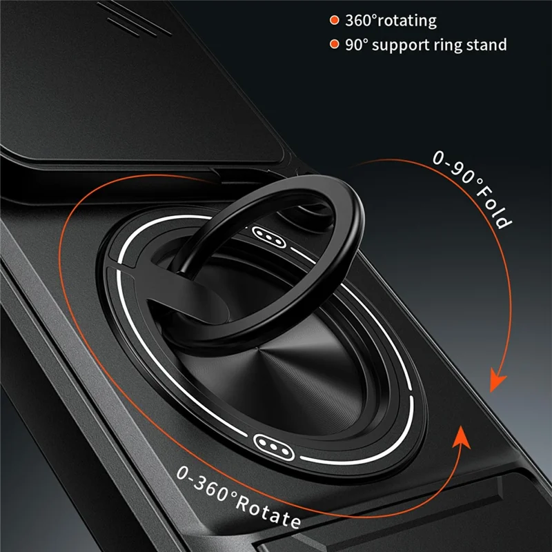 For Honor 400 Pro 5G (Global) Magnetic Case Ring Holder Foldable Kickstand TPU PC Phone Cover with Camera Lens Slider - Black