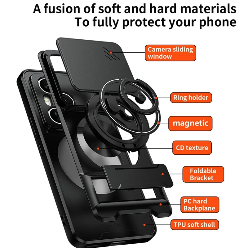 For Honor 400 Pro 5G (Global) Magnetic Case Ring Holder Foldable Kickstand TPU PC Phone Cover with Camera Lens Slider - Black