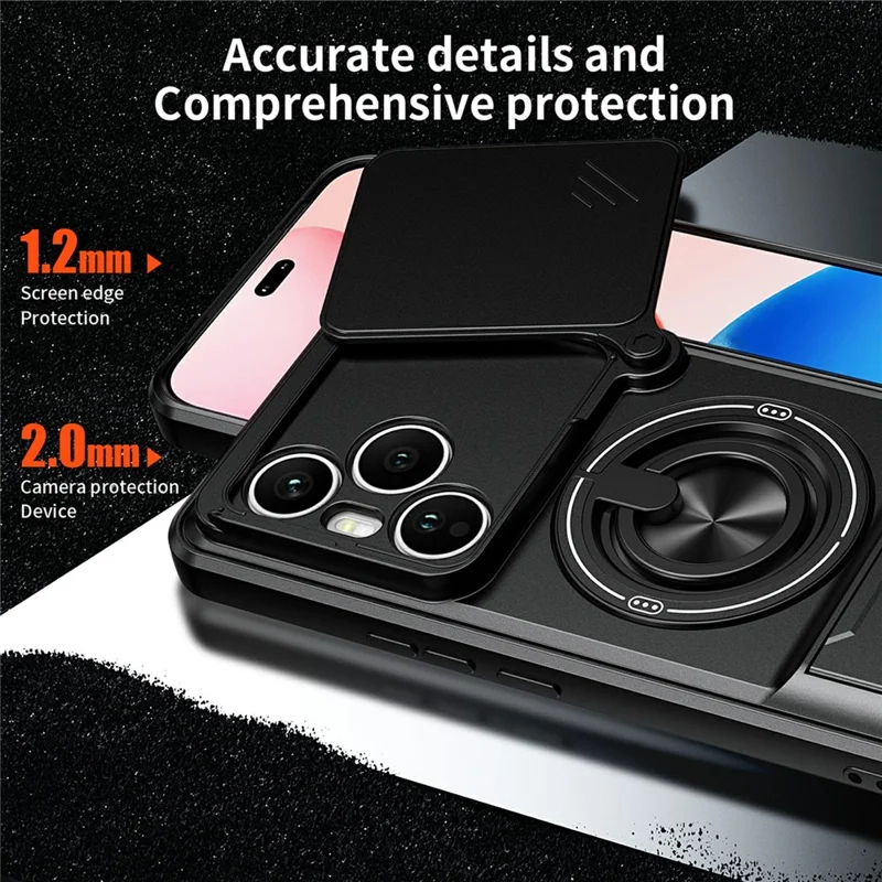 For Honor 400 Pro 5G (Global) Magnetic Case Ring Holder Foldable Kickstand TPU PC Phone Cover with Camera Lens Slider - Black