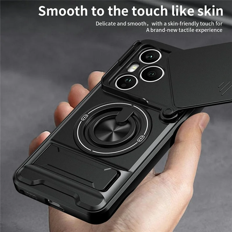 For Honor 400 Pro 5G (Global) Magnetic Case Ring Holder Foldable Kickstand TPU PC Phone Cover with Camera Lens Slider - Black