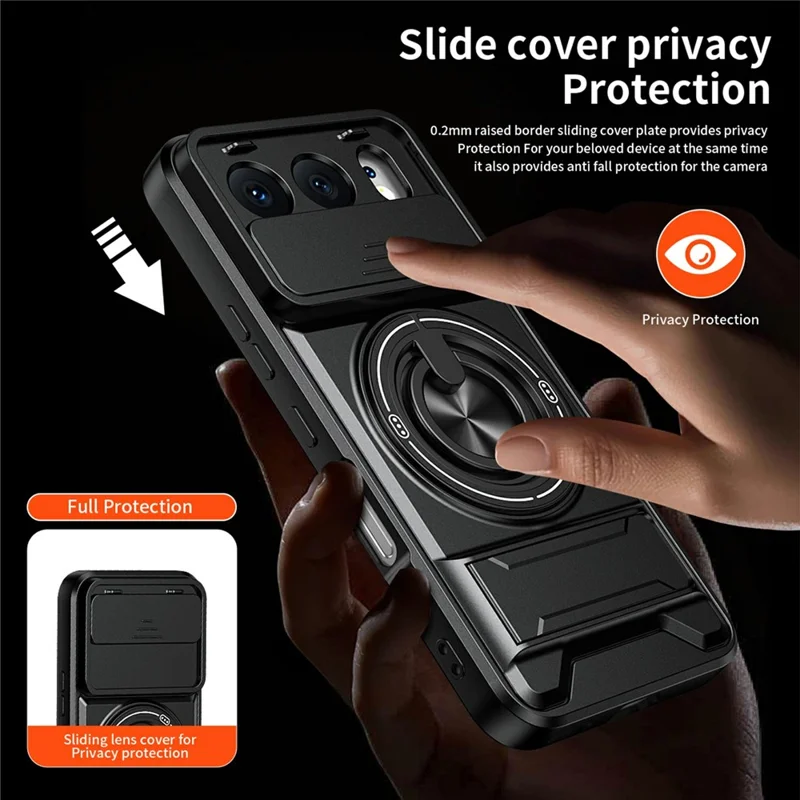 For Honor 500 5G Magnetic Case Ring Holder Foldable Kickstand TPU PC Phone Cover with Camera Lens Slider - Black