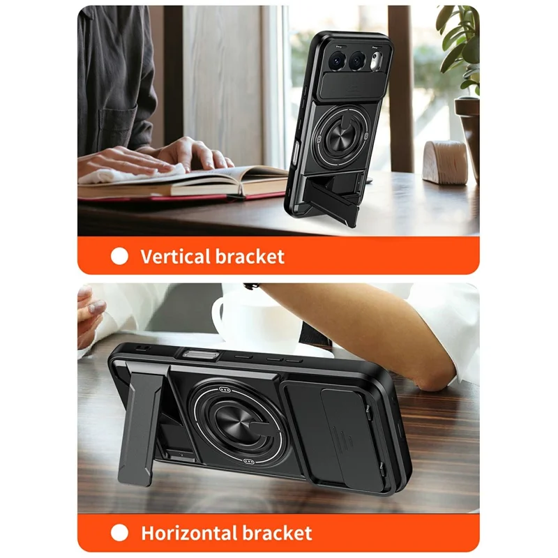 For Honor 500 5G Magnetic Case Ring Holder Foldable Kickstand TPU PC Phone Cover with Camera Lens Slider - Black
