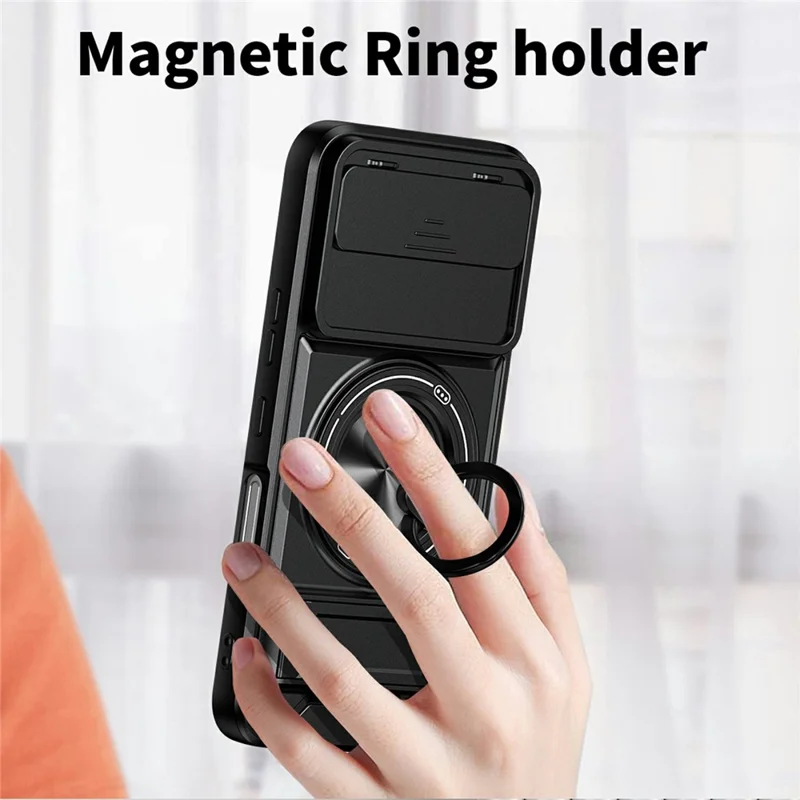 For Honor 500 5G Magnetic Case Ring Holder Foldable Kickstand TPU PC Phone Cover with Camera Lens Slider - Black