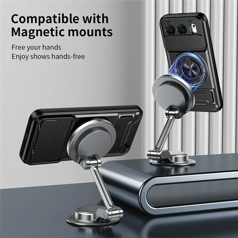 For Honor 500 5G Magnetic Case Ring Holder Foldable Kickstand TPU PC Phone Cover with Camera Lens Slider - Black