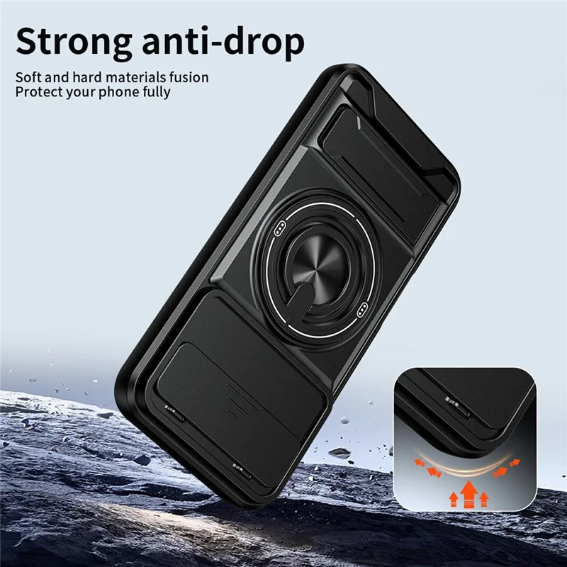 For Honor 500 5G Magnetic Case Ring Holder Foldable Kickstand TPU PC Phone Cover with Camera Lens Slider - Black