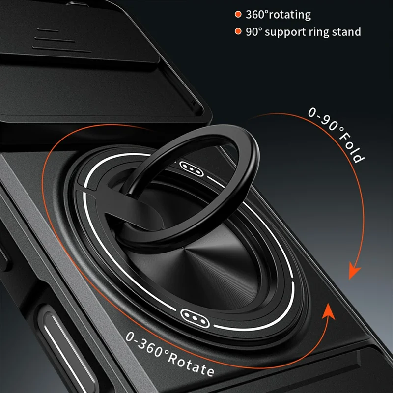 For Honor 500 5G Magnetic Case Ring Holder Foldable Kickstand TPU PC Phone Cover with Camera Lens Slider - Black