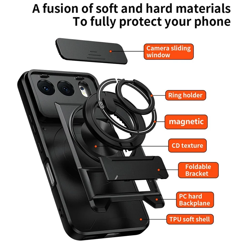 For Honor 500 5G Magnetic Case Ring Holder Foldable Kickstand TPU PC Phone Cover with Camera Lens Slider - Black