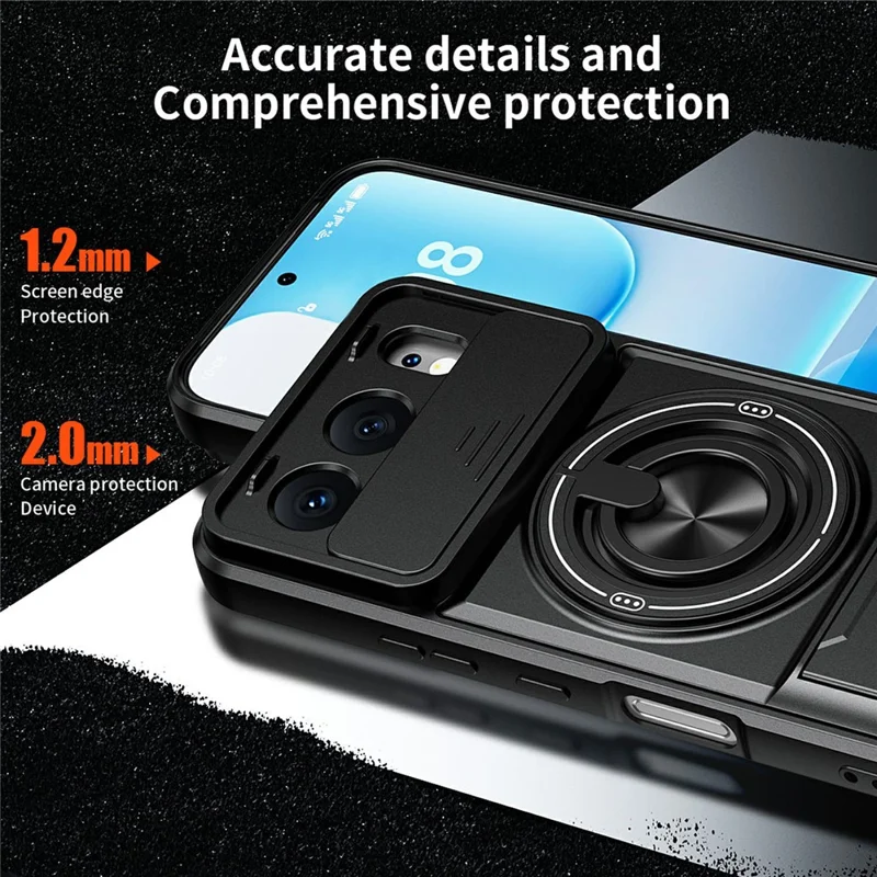 For Honor 500 5G Magnetic Case Ring Holder Foldable Kickstand TPU PC Phone Cover with Camera Lens Slider - Black