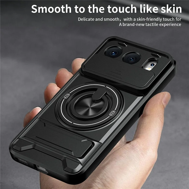 For Honor 500 5G Magnetic Case Ring Holder Foldable Kickstand TPU PC Phone Cover with Camera Lens Slider - Black