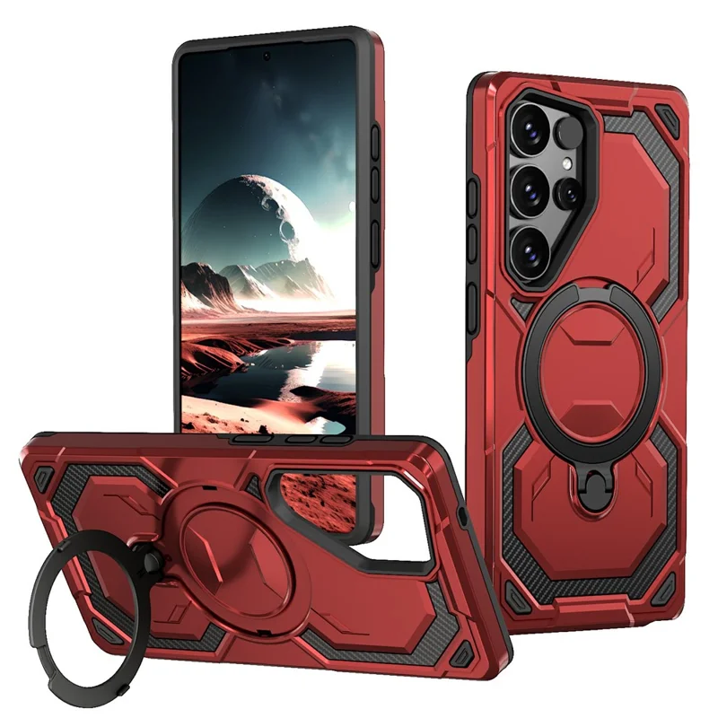 For Samsung Galaxy S26 Ultra Magnetic Case Ring Kickstand PC + TPU Hybrid Phone Cover - Red